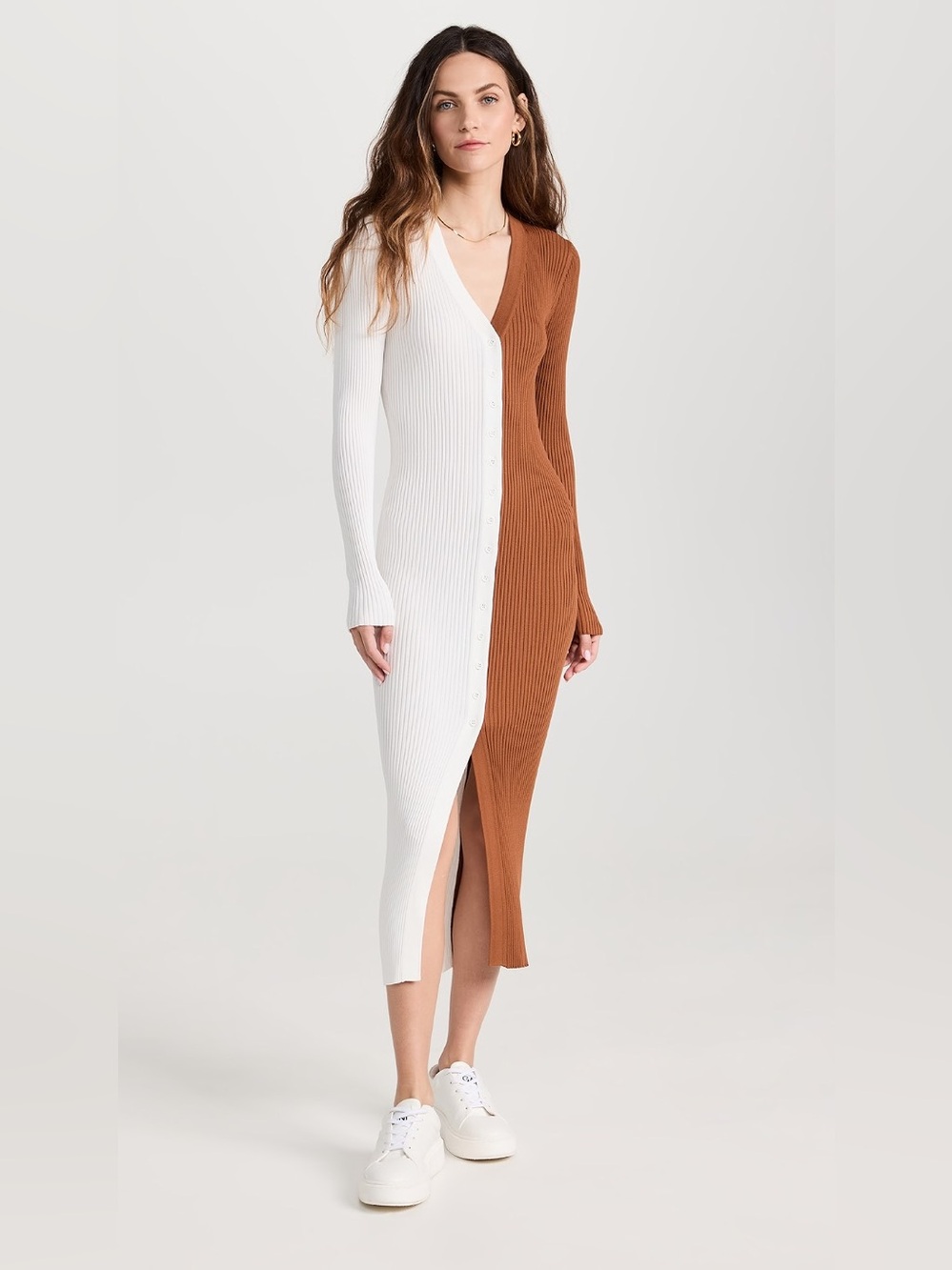 NEW STAUD Shoko Colorblock Body-con Sweater Dress in Tan / White Size M